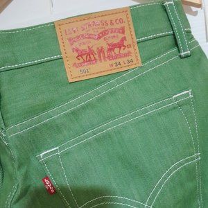 men's levis 501 jeans size 34x34 raw unwashed denim green color